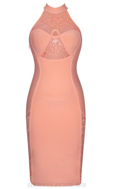 Herve Leger Salmon Lace Insert Lace Up Dress Herve Leger Salmon Lace Insert Lace Up Dress