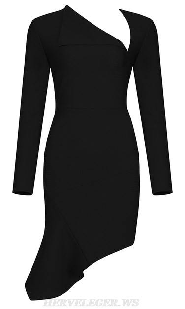 Herve Leger Black Long Sleeve Asymmetric Dress