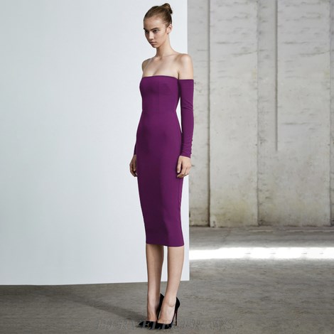 Herve Leger Purple Long Sleeve Bardot Dress