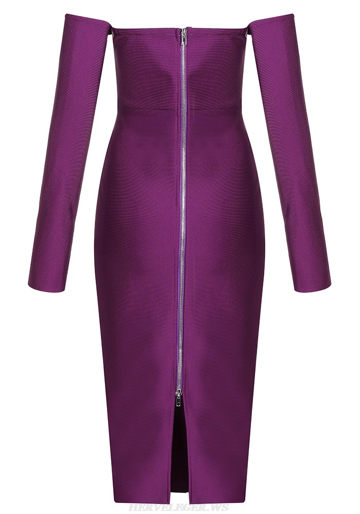 Herve Leger Purple Long Sleeve Bardot Dress