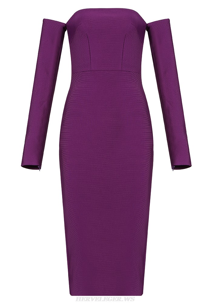 Herve Leger Purple Long Sleeve Bardot Dress