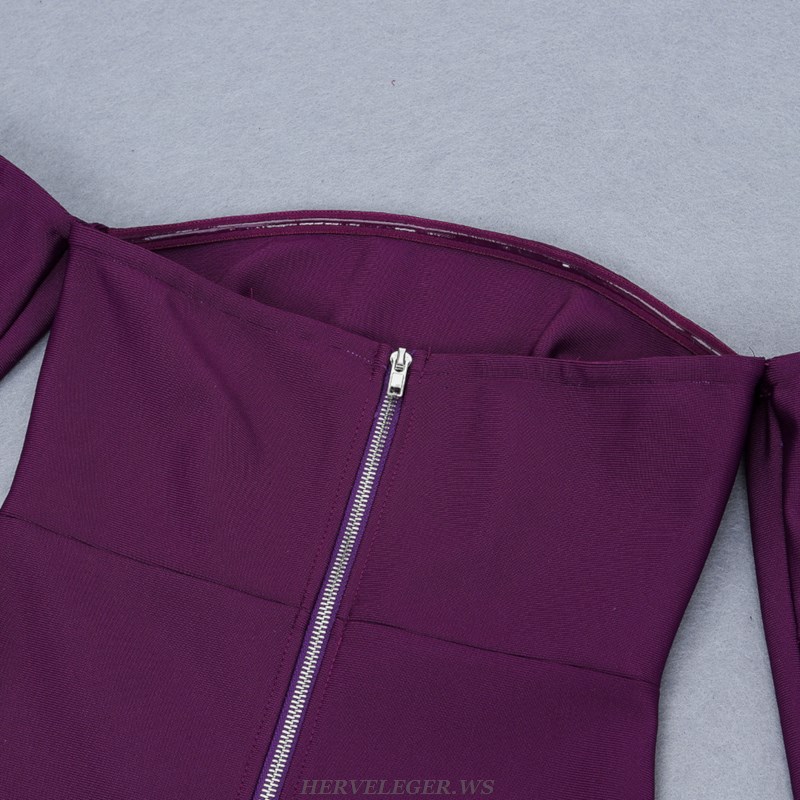 Herve Leger Purple Long Sleeve Bardot Dress