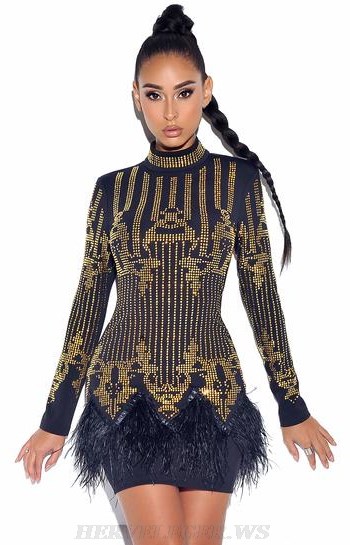Herve Leger Black Long Sleeve Feather Embellished Dress