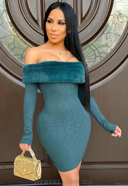 Herve Leger Green Long Sleeve Fur Bardot Dress