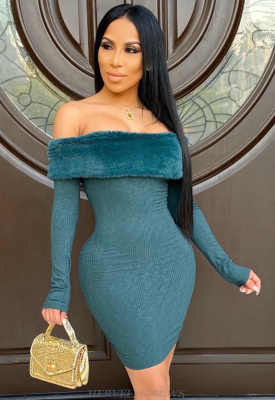 Herve Leger Green Long Sleeve Fur Bardot Dress