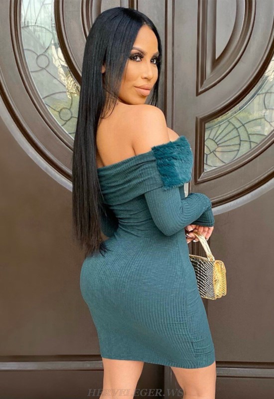Herve Leger Green Long Sleeve Fur Bardot Dress