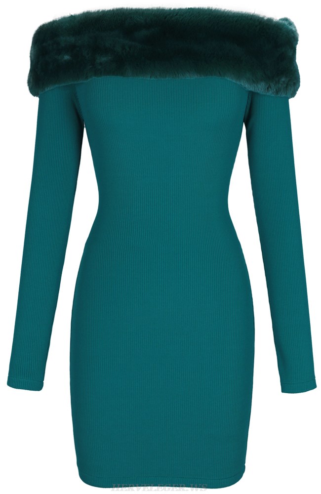 Herve Leger Green Long Sleeve Fur Bardot Dress
