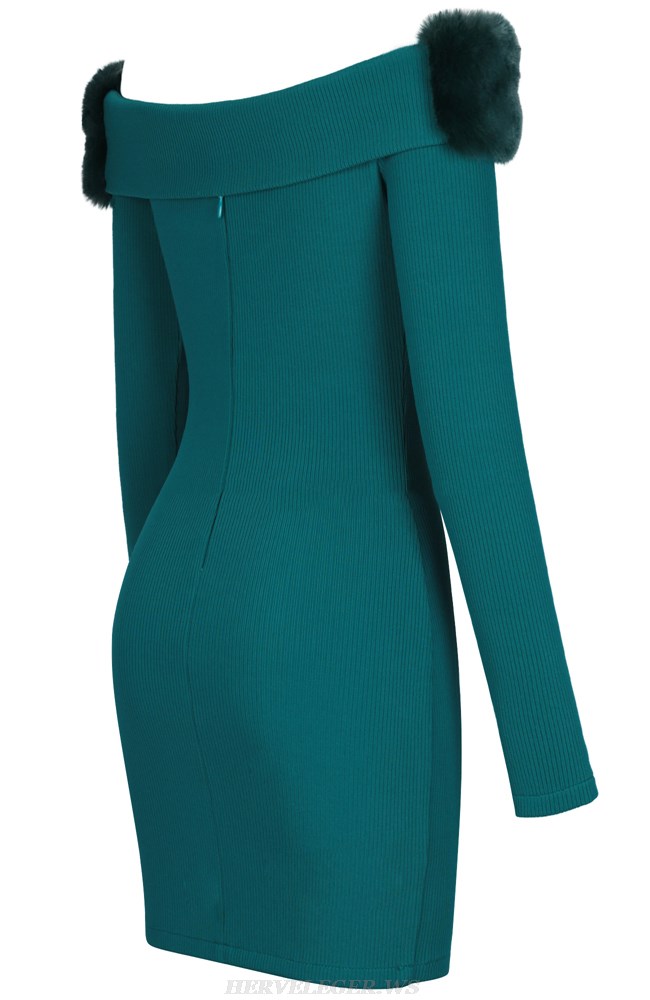 Herve Leger Green Long Sleeve Fur Bardot Dress