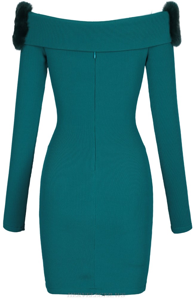 Herve Leger Green Long Sleeve Fur Bardot Dress