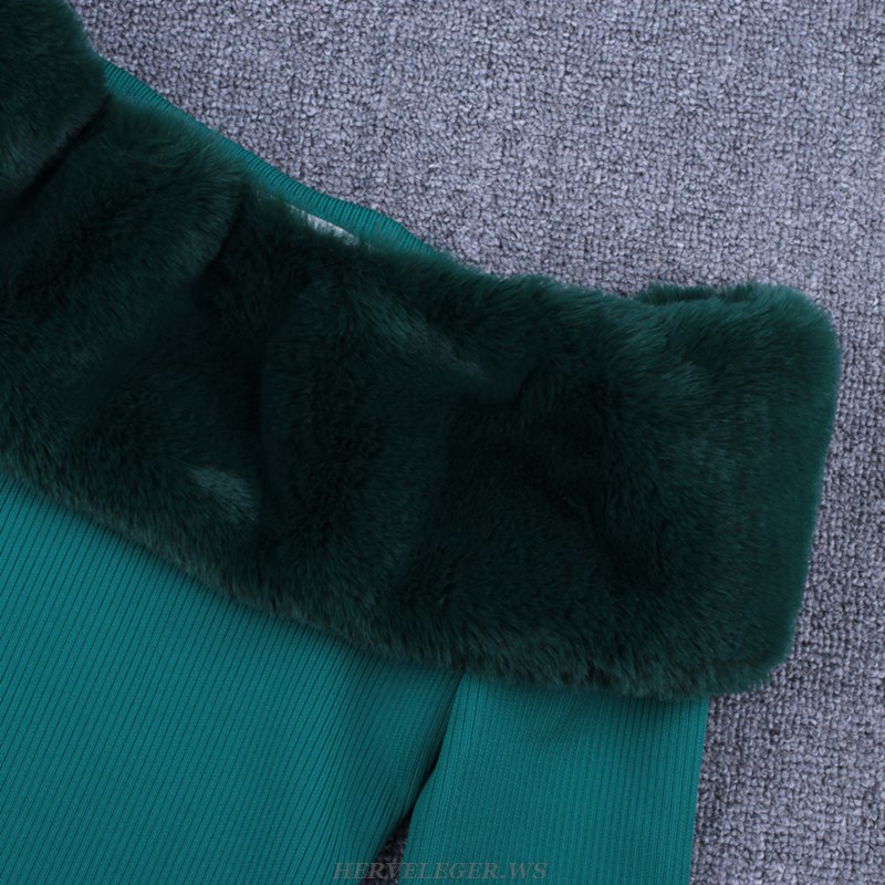Herve Leger Green Long Sleeve Fur Bardot Dress