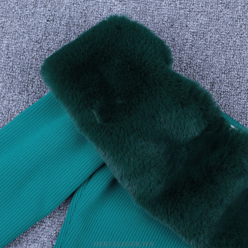 Herve Leger Green Long Sleeve Fur Bardot Dress