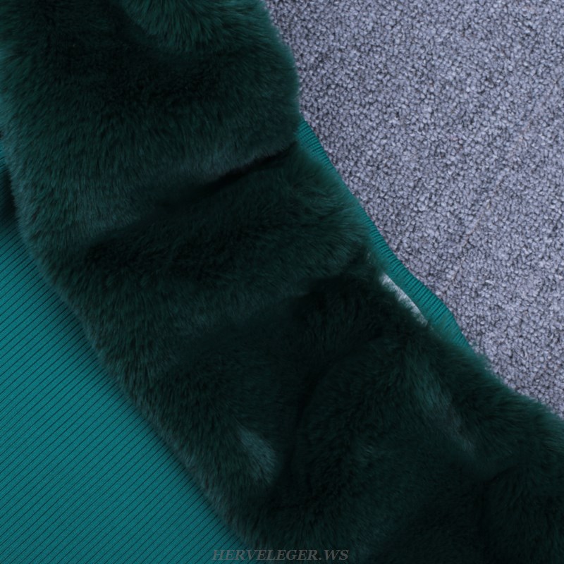 Herve Leger Green Long Sleeve Fur Bardot Dress