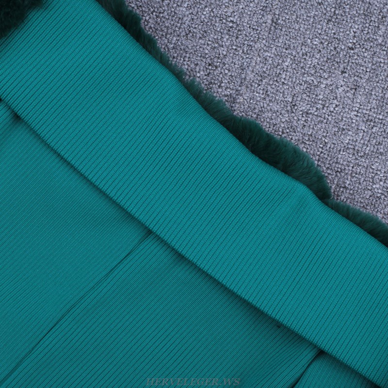 Herve Leger Green Long Sleeve Fur Bardot Dress