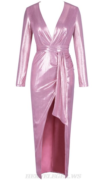 Herve Leger Pink Long Sleeve Metallic Gown