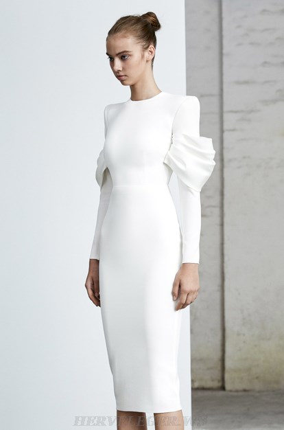 Herve Leger White Long Sleeve Puff Detail Dress