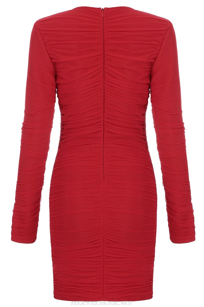 Herve Leger Red V Neck Long Sleeve Ruched Dress