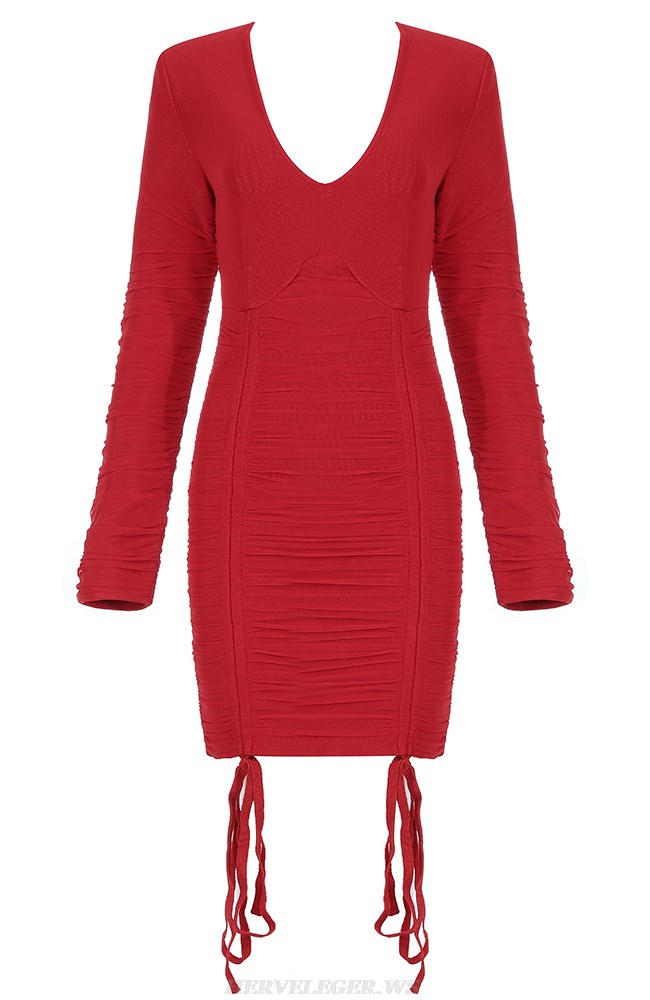 Herve Leger Red V Neck Long Sleeve Ruched Dress
