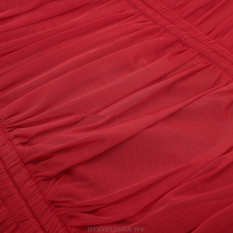 Herve Leger Red V Neck Long Sleeve Ruched Dress
