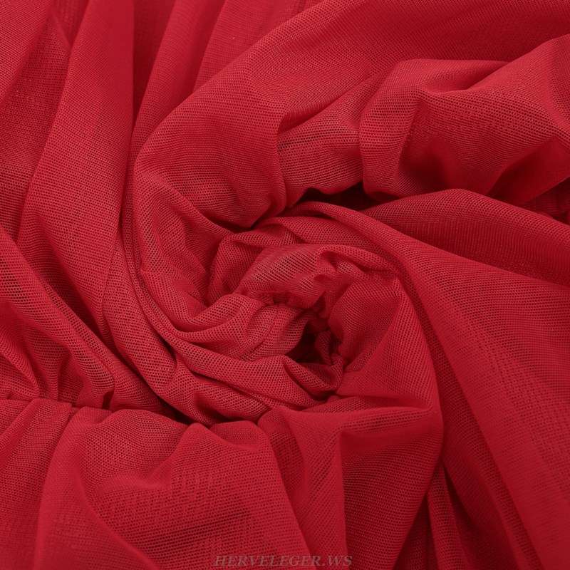 Herve Leger Red V Neck Long Sleeve Ruched Dress