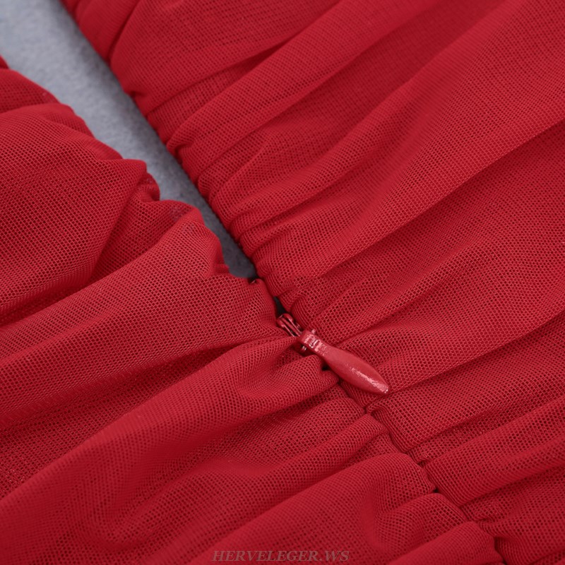 Herve Leger Red V Neck Long Sleeve Ruched Dress