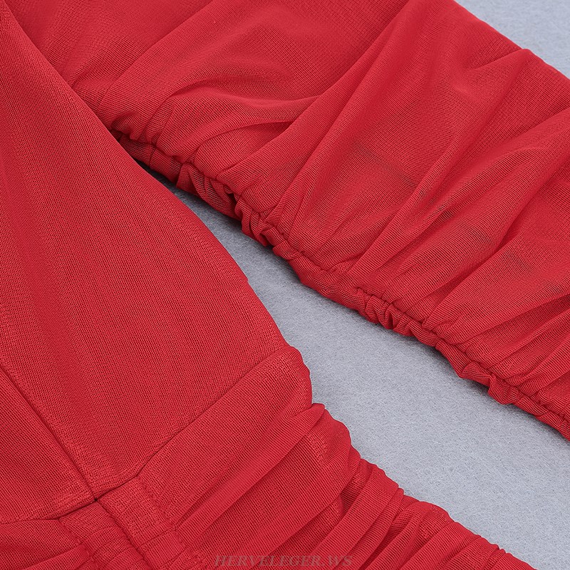 Herve Leger Red V Neck Long Sleeve Ruched Dress
