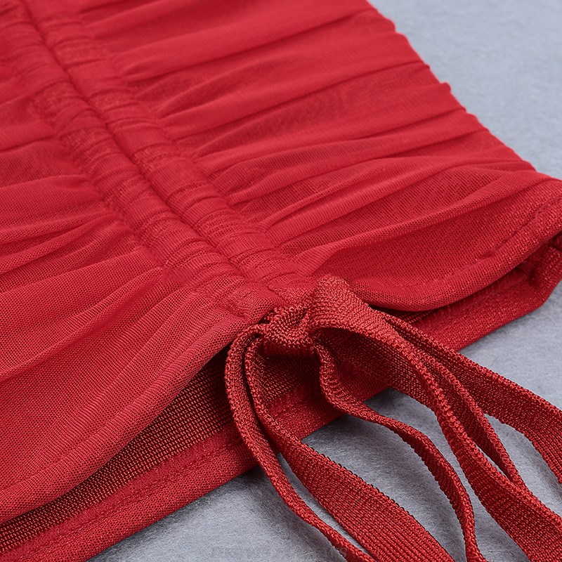 Herve Leger Red V Neck Long Sleeve Ruched Dress