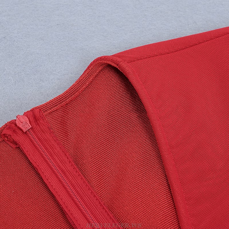 Herve Leger Red V Neck Long Sleeve Ruched Dress