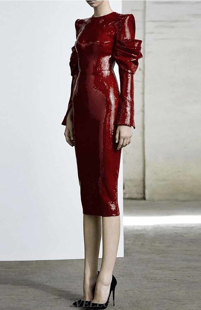 Herve Leger Red Long Sleeve Sequin Dress