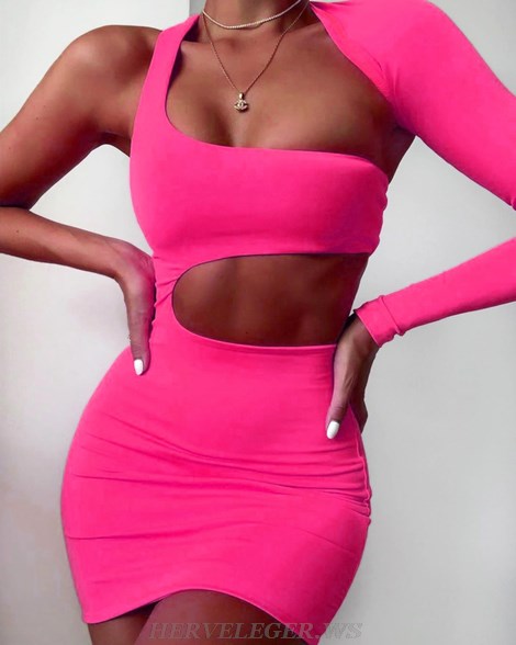 Herve Leger Neon Pink One Sleeve Asymmetric Dress
