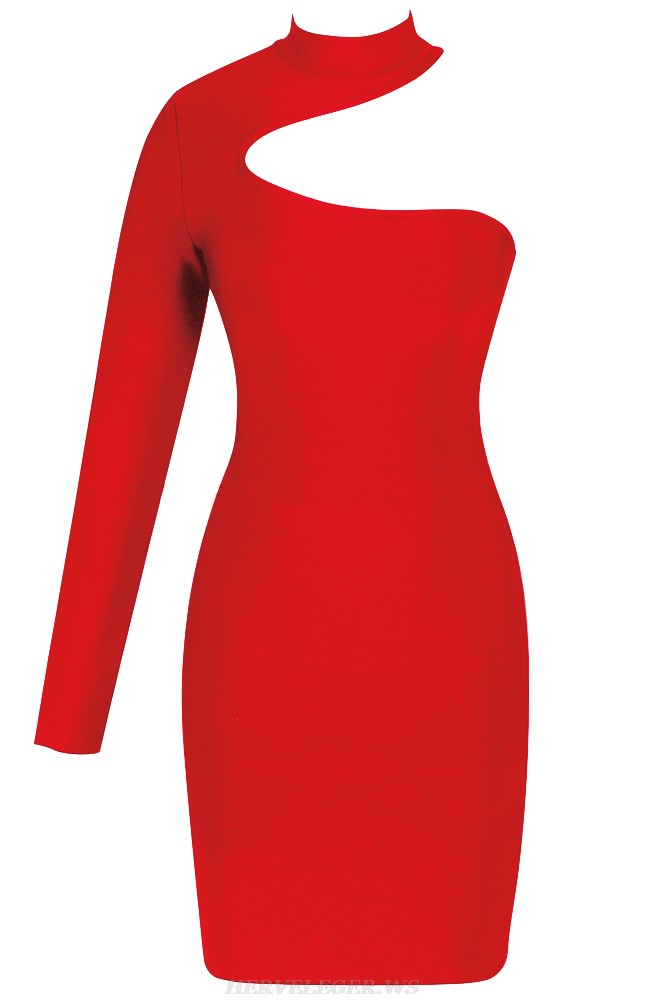 Herve Leger Red One Sleeve Dress