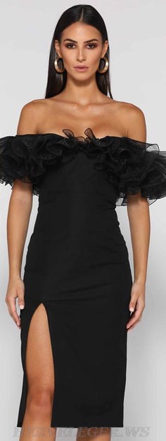 Herve Leger Black Pleated Frill Bardot Dress