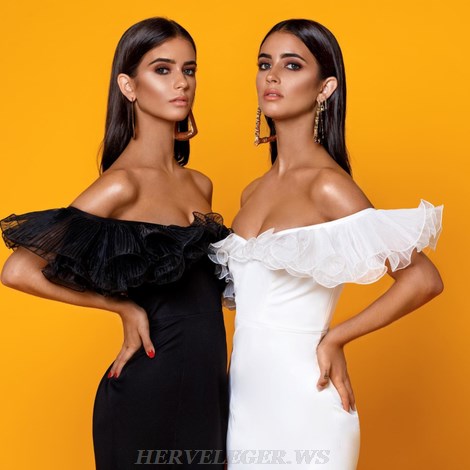 Herve Leger White Pleated Frill Bardot Dress