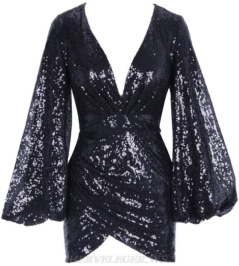 Herve Leger Black Puff Sleeve Ruched Sequin Dress