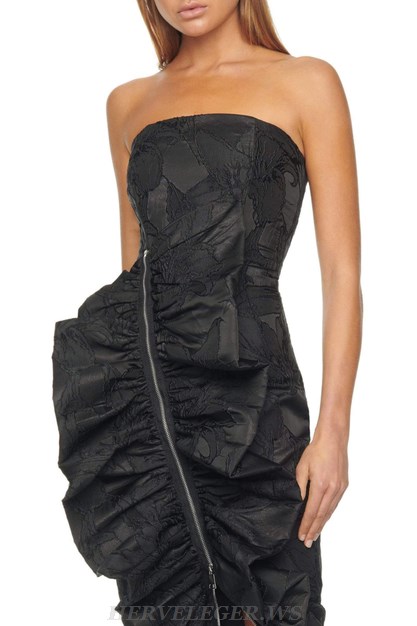 Herve Leger Black Strapless Frill Detail Lace Dress