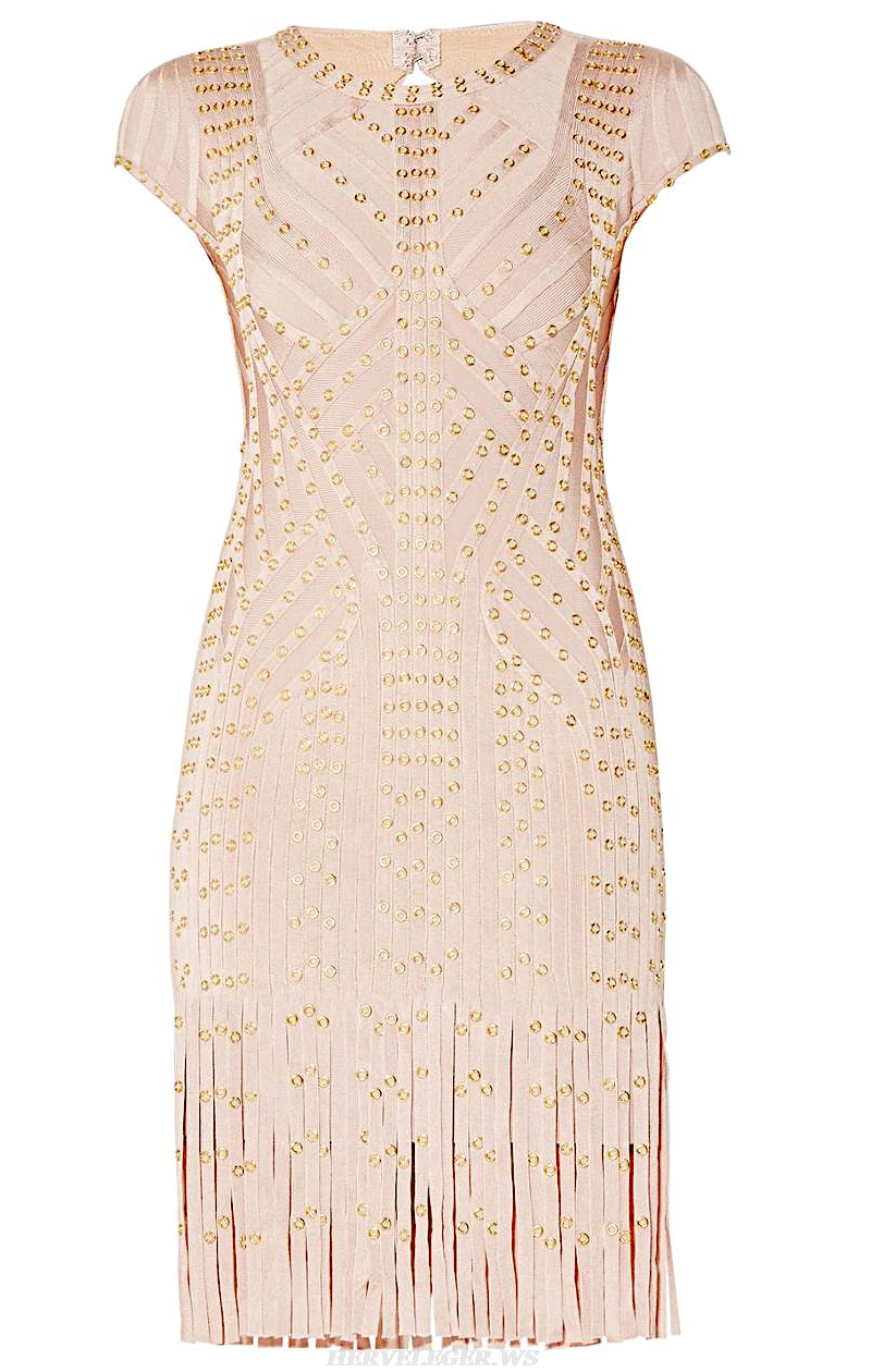Herve Leger Nude Studded Tassel Dress