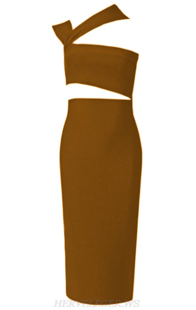 Herve Leger Brown Asymmetric Cut Dress Herve Leger Brown Asymmetric Cut Dress