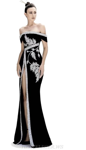 Herve Leger Black Bardot Sequin Detail Maxi Velvet Dress