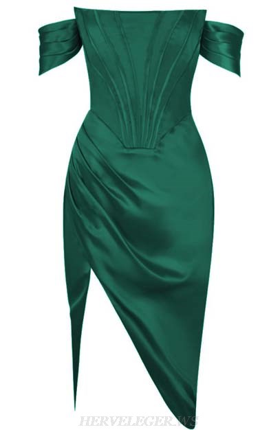 Herve Leger Green Bardot Structured Draped Satin Dress