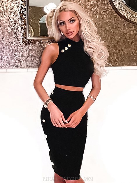 Herve Leger Black Button Detail Two Piece Dress