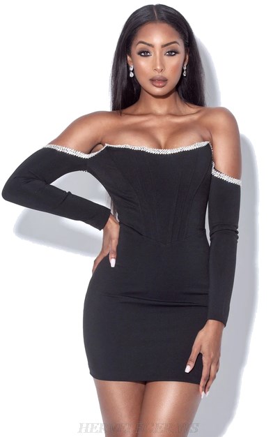 Herve Leger Black Embellished Long Sleeve Bardot Corset Dress