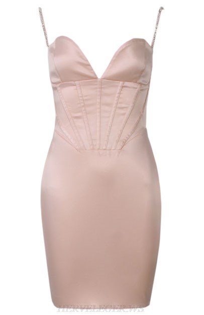 Herve Leger Pink Embellished Straps Corset Satin Dress