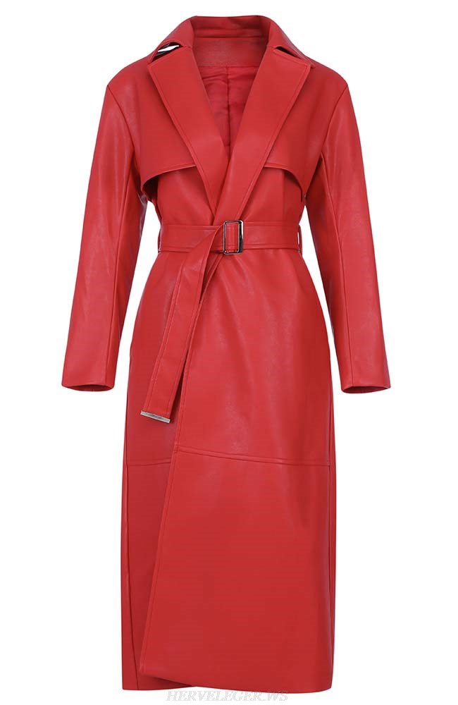 Herve Leger Red Faux Leather Coat