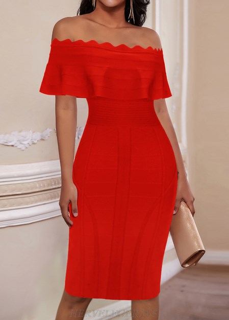 Herve Leger Red Frill Detail Bardot Dress