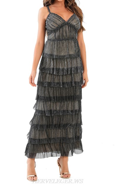 Herve Leger Black Frill Detail Lurex Gown