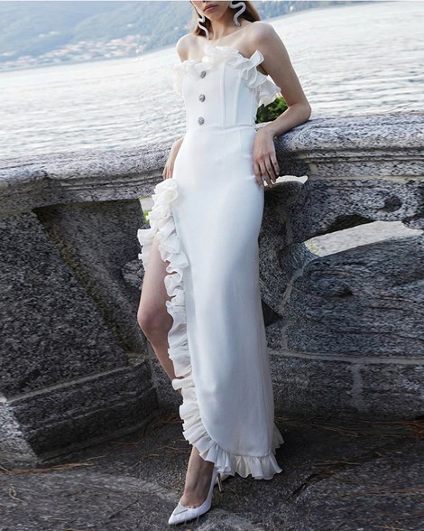 Herve Leger White Frill Detail Strapless Gown