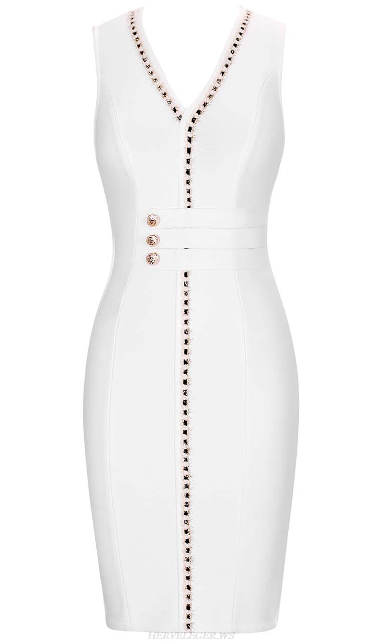 Herve Leger White Gold Embellished Trim Dress