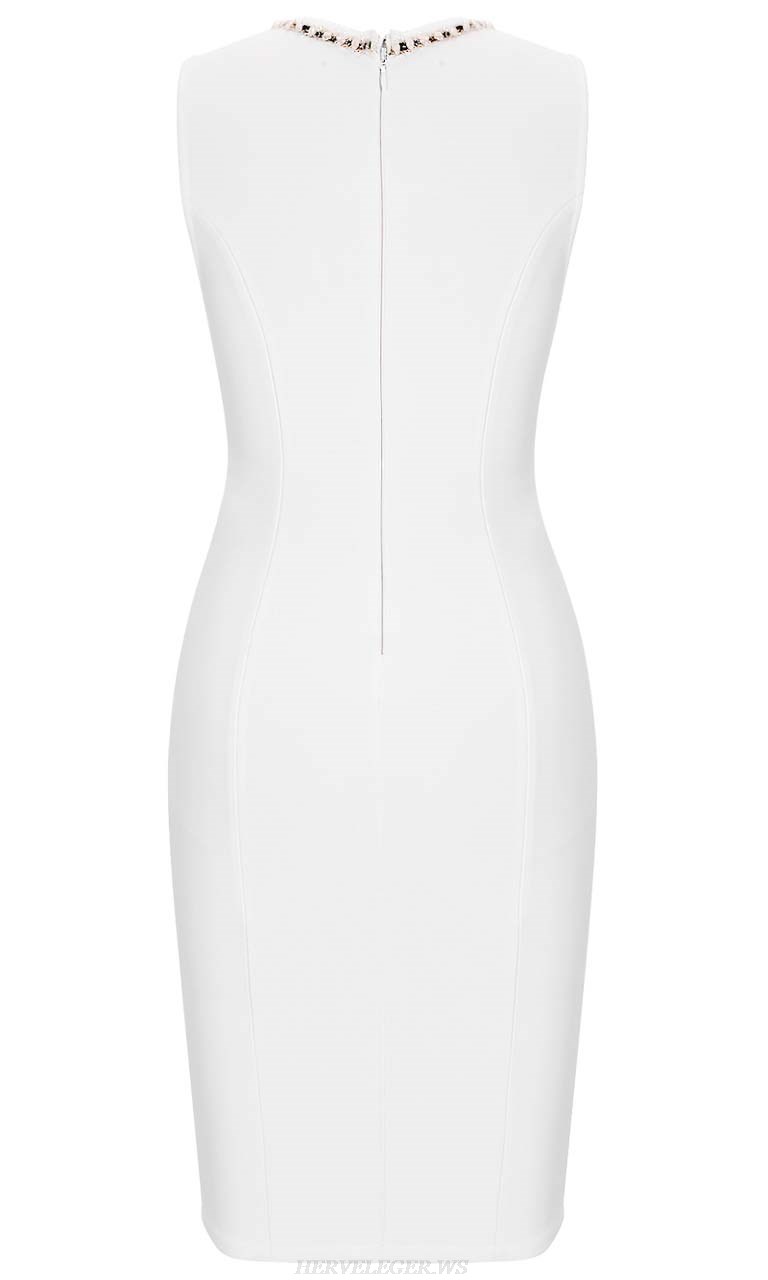 Herve Leger White Gold Embellished Trim Dress