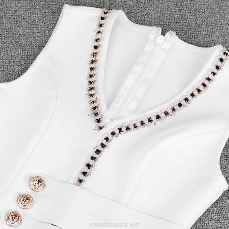 Herve Leger White Gold Embellished Trim Dress