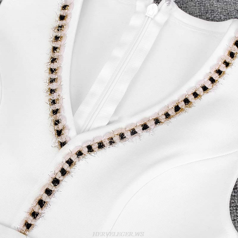 Herve Leger White Gold Embellished Trim Dress