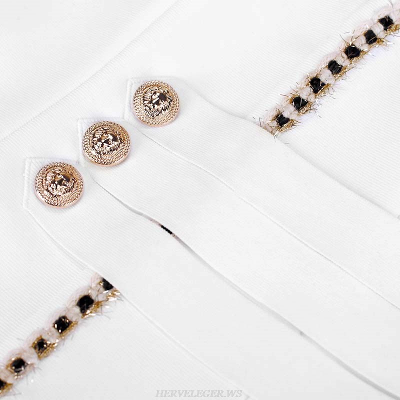 Herve Leger White Gold Embellished Trim Dress